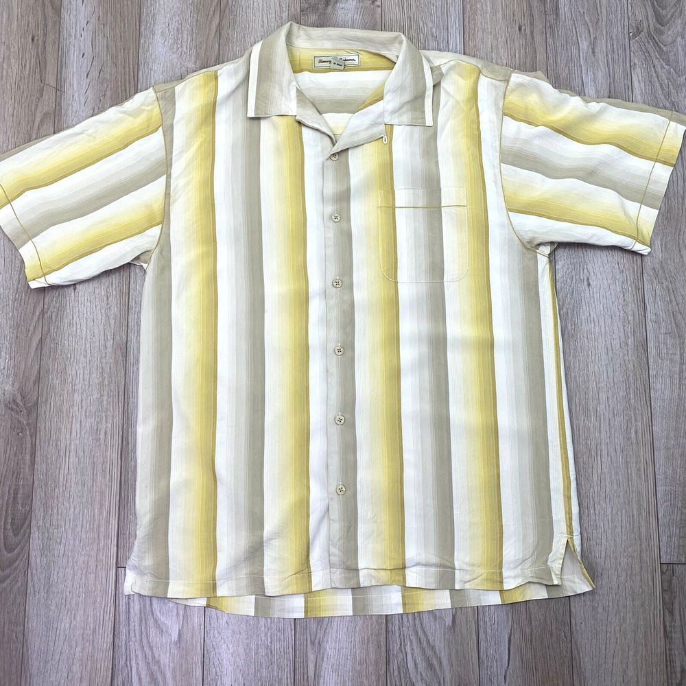 Tommy Bahama Button Up Shirt Medium‎ White Yellow Silk Mens Long Sleeve